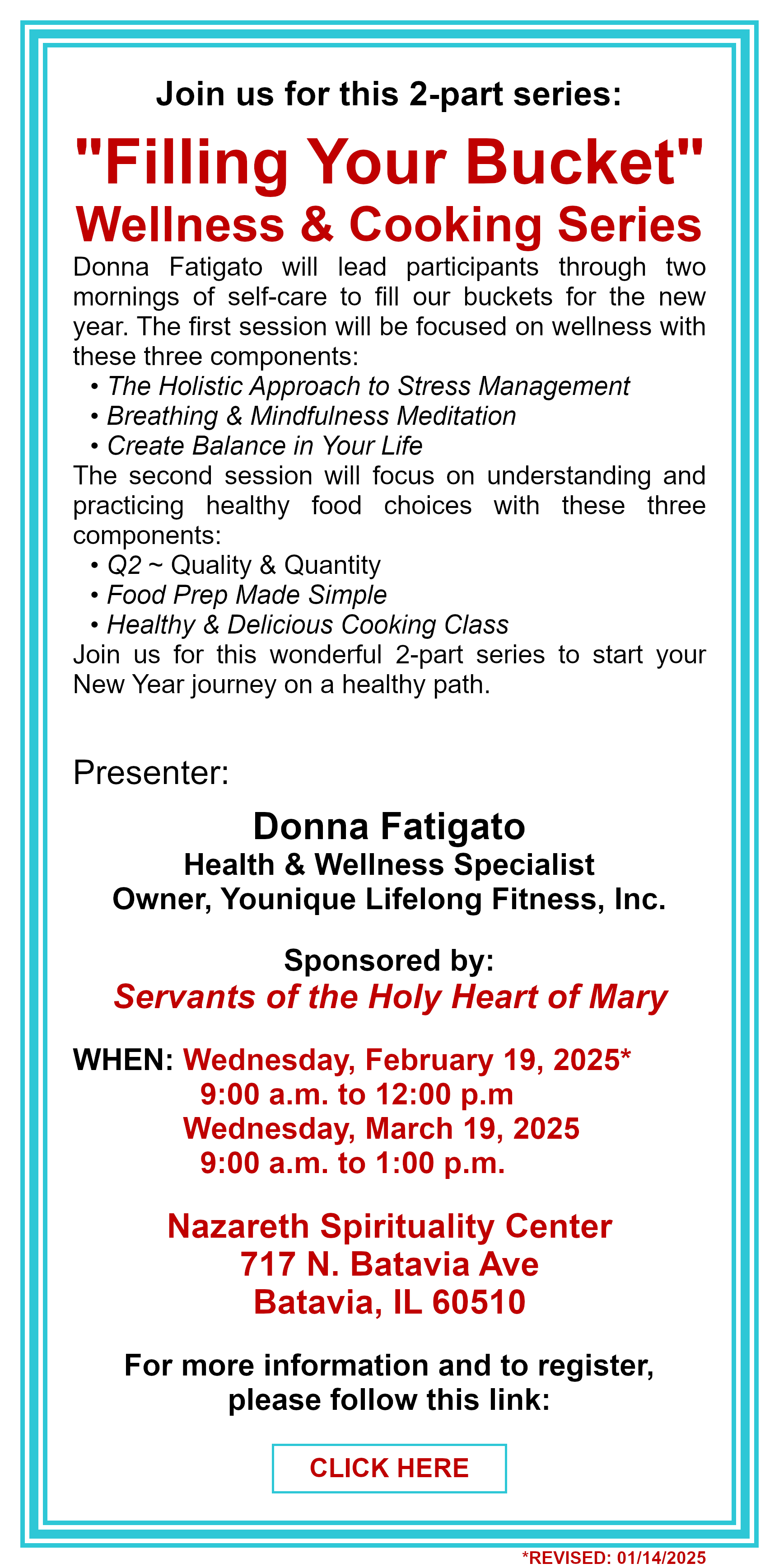 'Filling Your Bucket' Cooking & Wellness Series: Click here for more information