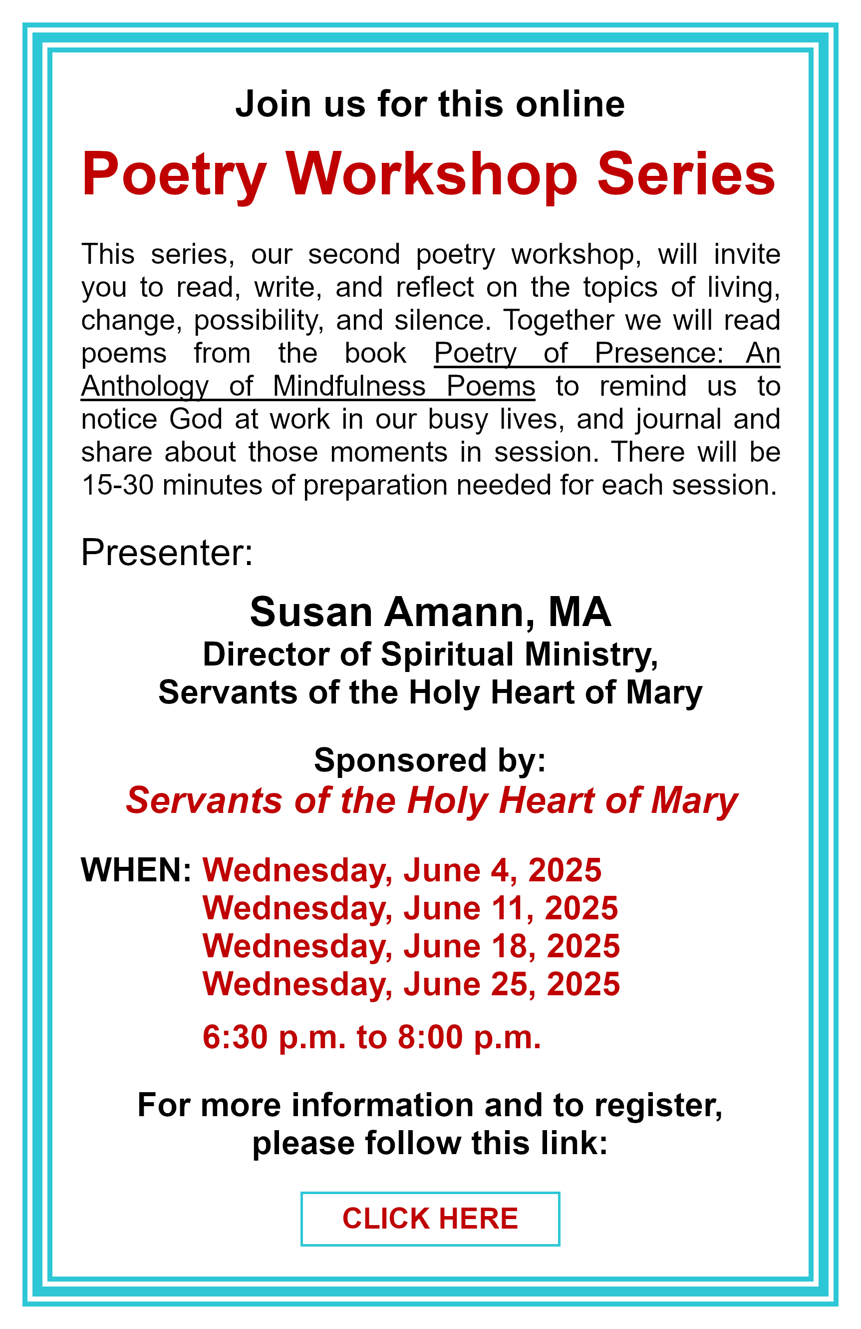 Poetry Workshop Series: Click here for more information