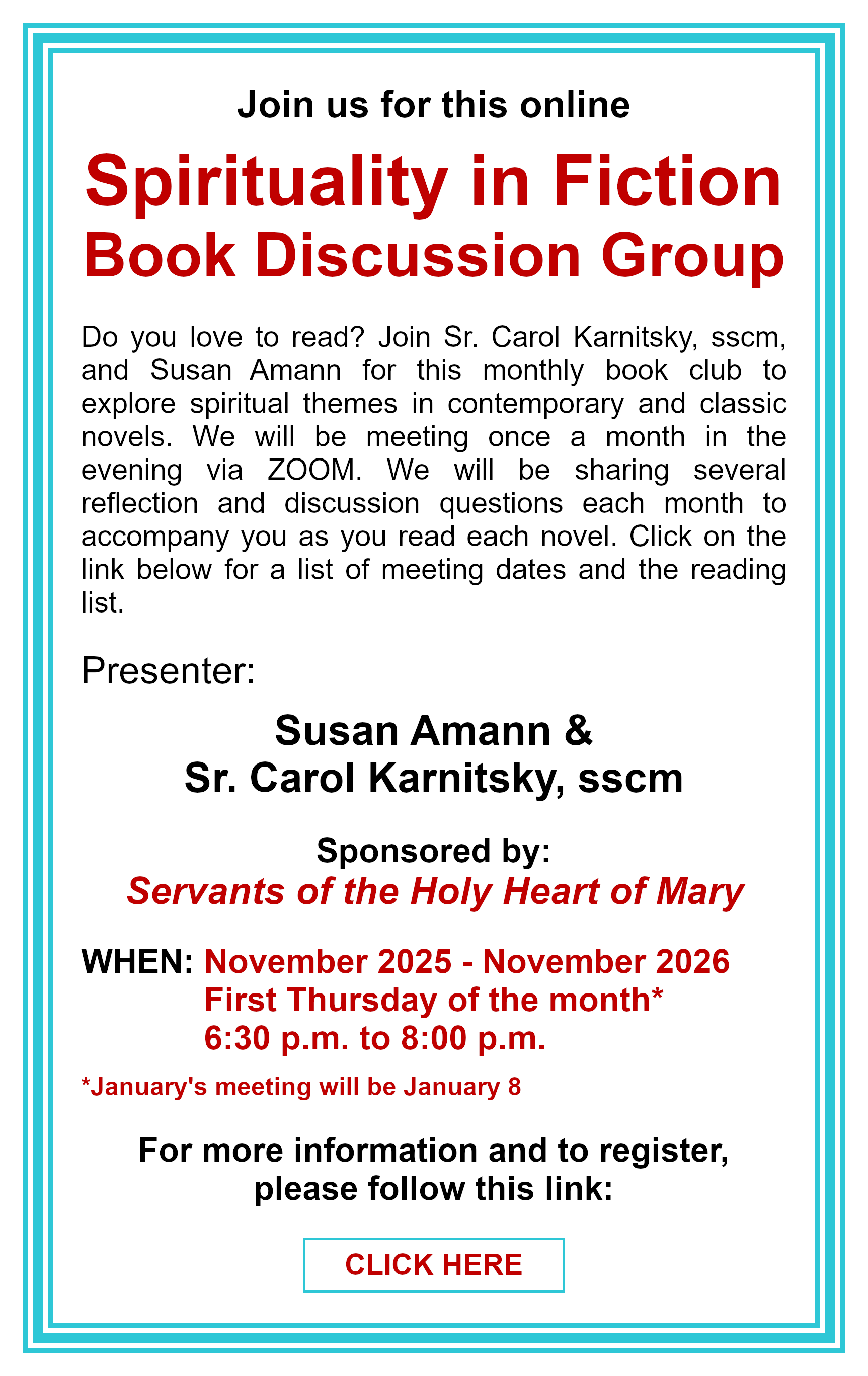 Spirituality in Fiction Book Discussion Group: Click here for more information