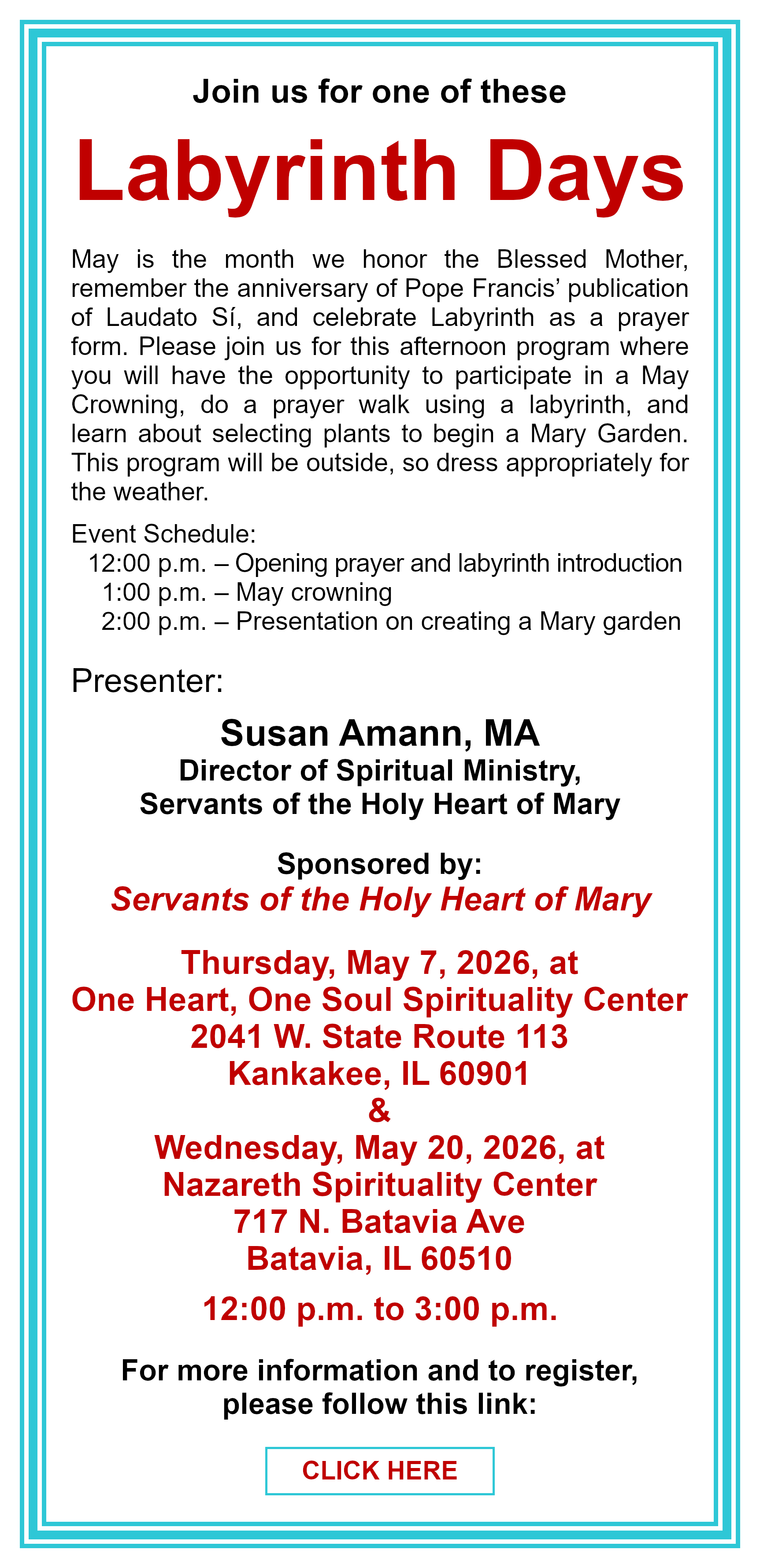 Labyrinth Day at One Heart, One Soul Spirituality Center: Click here for more information